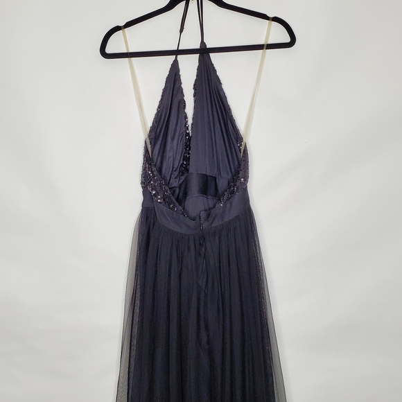 Rubber Ducky Sequin Halter Neck Maxi Dress Size M Front Slits Black Gown Mesh - Picture 8 of 14